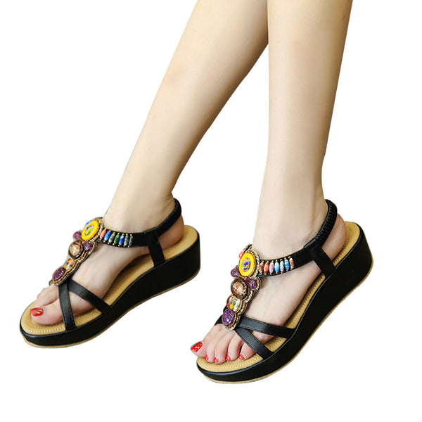 Fashion Women Sandals Summer Bohemia Shoes Wedges Girl Bead Middle Heel Sandals