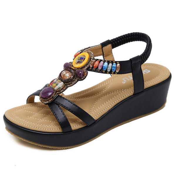Fashion Women Sandals Summer Bohemia Shoes Wedges Girl Bead Middle Heel Sandals