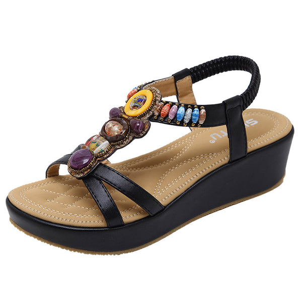 Fashion Women Sandals Summer Bohemia Shoes Wedges Girl Bead Middle Heel Sandals